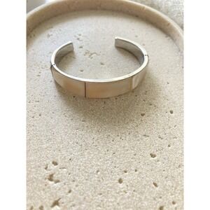 Silver Tone Open Cuff Bracelet Mother of Pearl Inlay Cream White Modernist